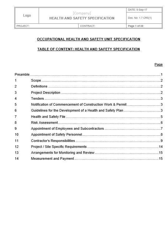 HEALTH AND SAFETY SPECIFICATION